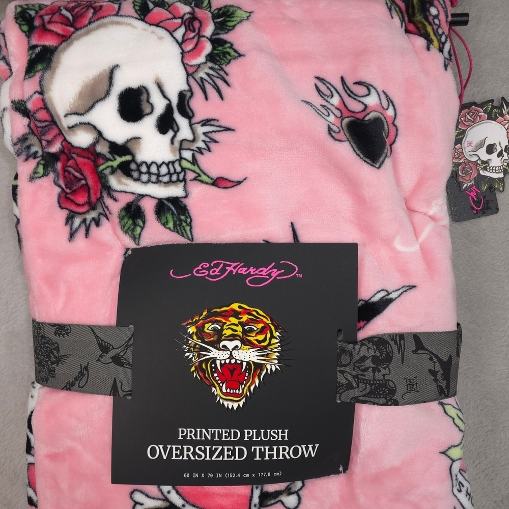 Ed Hardy Oversized Plush Throw Blanket Pink Tattoo Print 60x70 Super Soft NEW